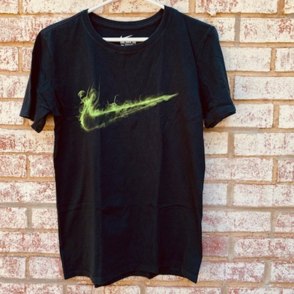 Black Nike shirt with green swoosh